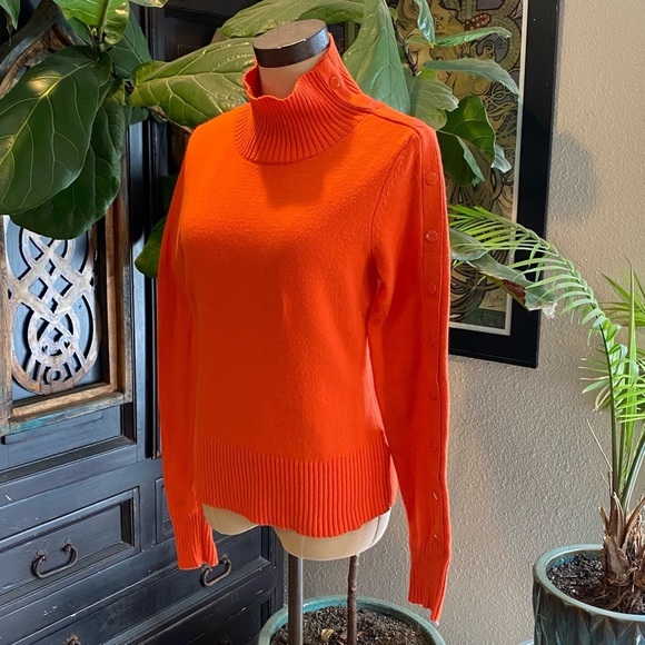 Anthropologie Tisbury Orange Mock Neck Arm Snaps Fitted Wool Sweater - Picture 6 of 13
